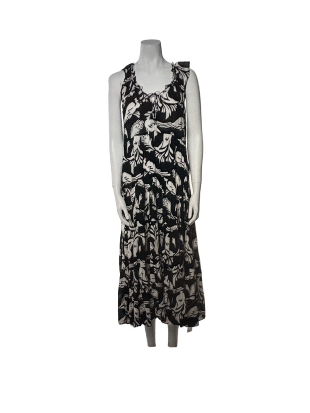 Lido cotton midi dress. Black white birds feathers tiered skirt OS ruffle sleeve
